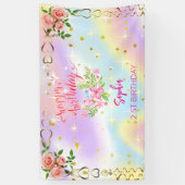 ピンクの女の子を歓迎フローラ水彩の誕生日パーティー 横断幕 (縦)