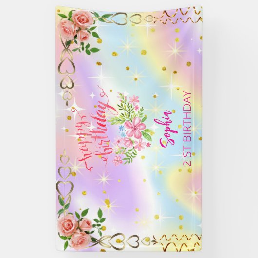 ピンクの女の子を歓迎フローラ水彩の誕生日パーティー 横断幕 (縦)