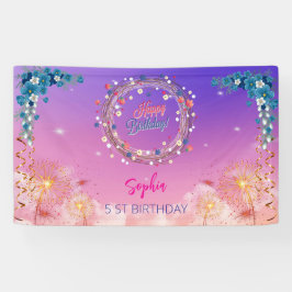 ピンクの女の子を歓迎フローラ水彩の誕生日パーティー 横断幕