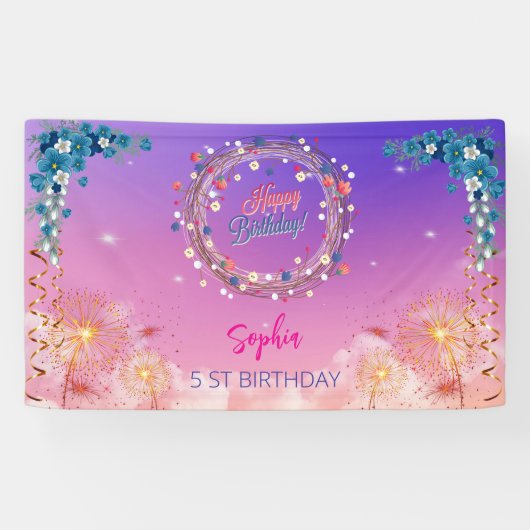 ピンクの女の子を歓迎フローラ水彩の誕生日パーティー 横断幕 (横)