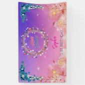 ピンクの女の子を歓迎フローラ水彩の誕生日パーティー 横断幕 (縦)