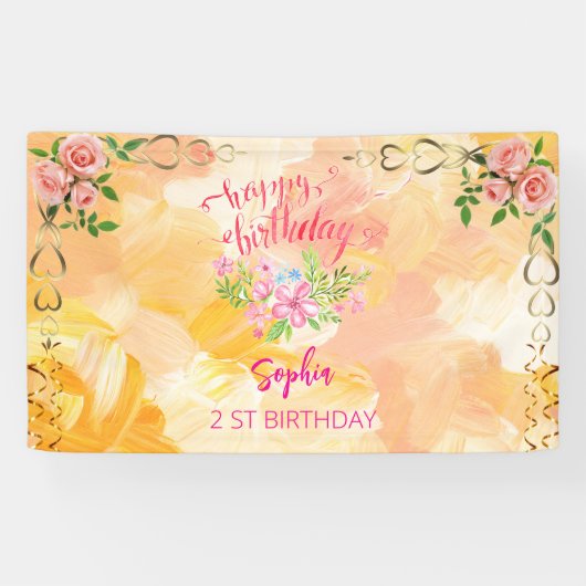 ピンクの女の子を歓迎フローラ水彩の誕生日パーティー 横断幕 (横)