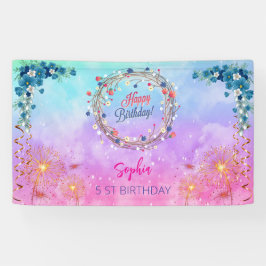 ピンクの女の子を歓迎フローラ水彩の誕生日パーティー 横断幕