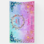 ピンクの女の子を歓迎フローラ水彩の誕生日パーティー 横断幕 (縦)