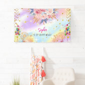 ピンクの女の子を歓迎フローラ水彩の誕生日パーティー 横断幕 (インサイチュ)