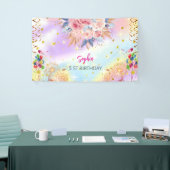 ピンクの女の子を歓迎フローラ水彩の誕生日パーティー 横断幕 (トレードショー)