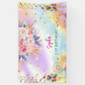ピンクの女の子を歓迎フローラ水彩の誕生日パーティー 横断幕 (縦)