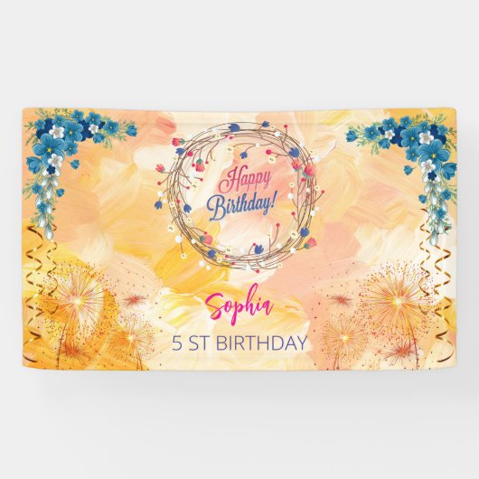 ピンクの女の子を歓迎フローラ水彩の誕生日パーティー 横断幕 (横)