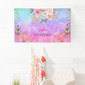 ピンクの女の子を歓迎フローラ水彩の誕生日パーティー 横断幕 (インサイチュ)