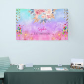 ピンクの女の子を歓迎フローラ水彩の誕生日パーティー 横断幕 (トレードショー)