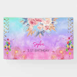 ピンクの女の子を歓迎フローラ水彩の誕生日パーティー 横断幕