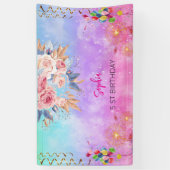 ピンクの女の子を歓迎フローラ水彩の誕生日パーティー 横断幕 (縦)