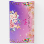 ピンクの女の子を歓迎フローラ水彩の誕生日パーティー 横断幕 (縦)