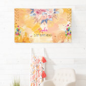 ピンクの女の子を歓迎フローラ水彩の誕生日パーティー 横断幕 (インサイチュ)