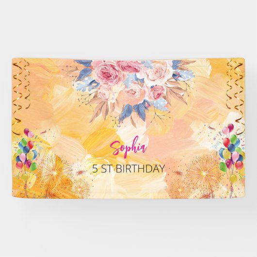 ピンクの女の子を歓迎フローラ水彩の誕生日パーティー 横断幕 (横)