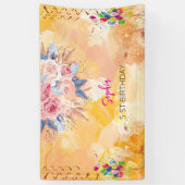 ピンクの女の子を歓迎フローラ水彩の誕生日パーティー 横断幕 (縦)