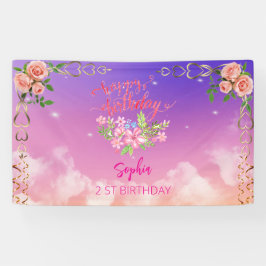 ピンクの女の子を歓迎フローラ水彩の誕生日パーティー 横断幕