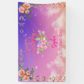 ピンクの女の子を歓迎フローラ水彩の誕生日パーティー 横断幕 (縦)