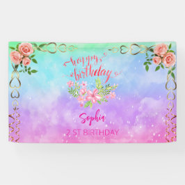 ピンクの女の子を歓迎フローラ水彩の誕生日パーティー 横断幕