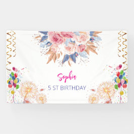 ピンクの女の子を歓迎フローラ水彩の誕生日パーティー 横断幕