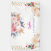 ピンクの女の子を歓迎フローラ水彩の誕生日パーティー 横断幕 (縦)