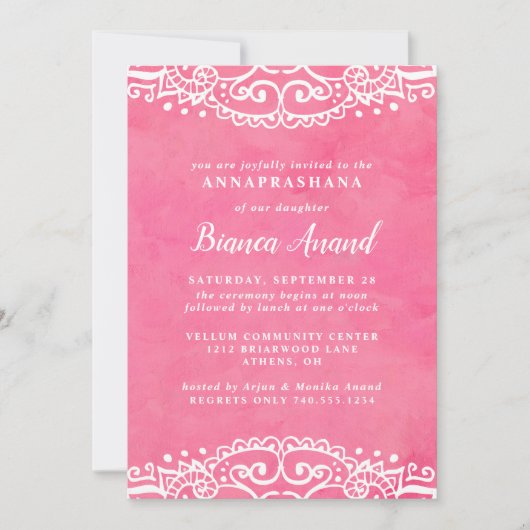 ピンクの女の子アナプラシャナの初米挙式 招待状 (正面)
