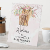 ピンクの女の子ウェルカムハイランド牛ふくらはぎ赤ちゃんシャワー 台座サイン (インサイチュ)