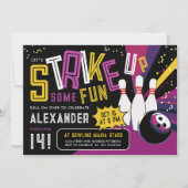 ピンクの女の子カラフルのボーリングパーティー 招待状 (正面)