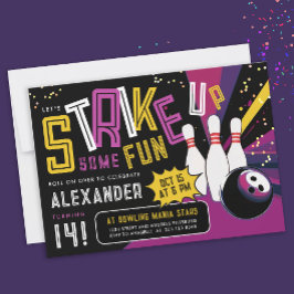 ピンクの女の子カラフルのボーリングパーティー 招待状