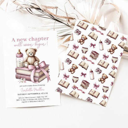 ピンクの女の子クマ赤ちゃんシャワー新しい章が始まる 招待状
