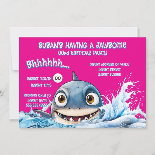 ピンクの女の子サメ誕生日招待状 | Jawsome Shark 招待状 (正面)
