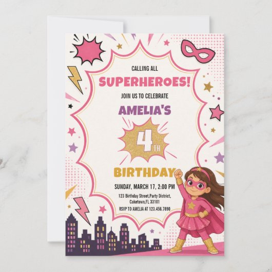 ピンクの女の子スーパーヒーローコミックブックの誕生日 招待状 (正面)