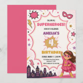 ピンクの女の子スーパーヒーローコミックブックの誕生日 招待状 (正面/裏面)