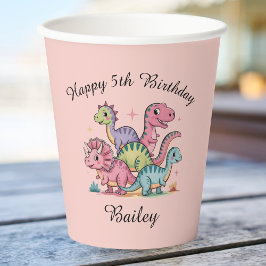 ピンクの女の子ダイナソー誕生日 紙コップ