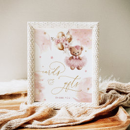 ピンクの女の子テディベアのバルーンカードとギフト ポスター