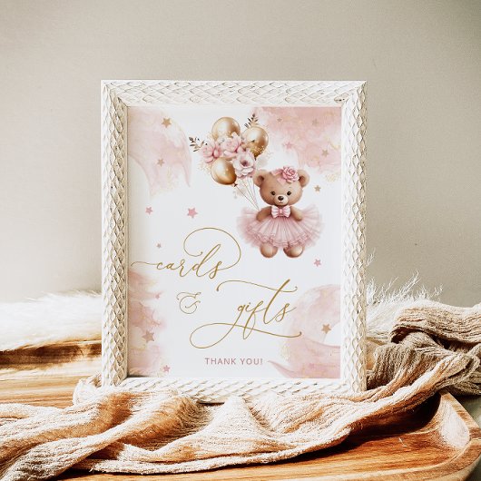 ピンクの女の子テディベアのバルーンカードとギフト ポスター