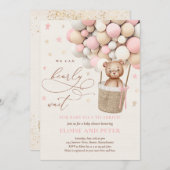 ピンクの女の子テディベアバルーンベビーシャワー 招待状 (正面/裏面)