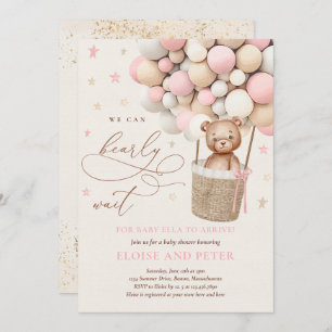 ピンクの女の子テディベアバルーンベビーシャワー 招待状