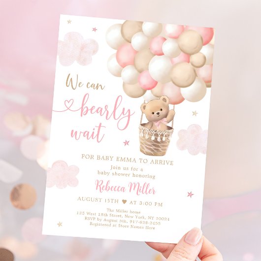ピンクの女の子テディベアバルーン赤ちゃんシャワー 招待状