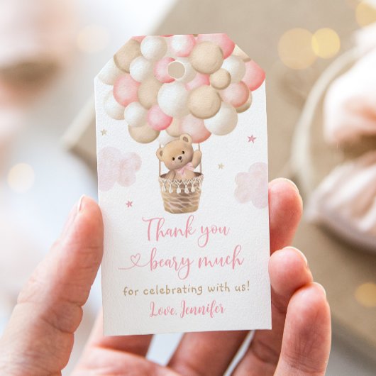 ピンクの女の子テディベア熱い空気バルーンベビーシャワー ギフトタグ