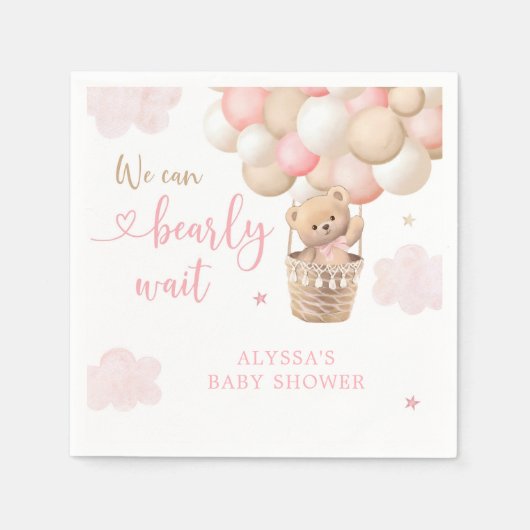 ピンクの女の子テディベア熱い空気バルーンベビーシャワー スタンダードカクテルナプキン (正面)