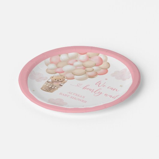 ピンクの女の子テディベア熱い空気バルーンベビーシャワー ペーパープレート (アングル)