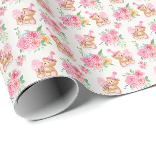 ピンクの女の子テディベア牡丹アイスクリーム ラッピングペーパー (ロールコーナー)