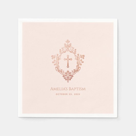 ピンクの女の子バプテスマエレガントバラ金ゴールドクロスインクレスト スタンダードカクテルナプキン (正面)