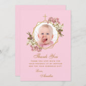 ピンクの女の子バプテスマ写真の蘭のフローラ幾何学的 サンキューカード (正面/裏面)