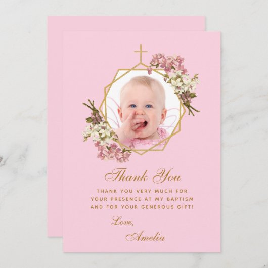 ピンクの女の子バプテスマ写真の蘭のフローラ幾何学的 サンキューカード (正面/裏面)