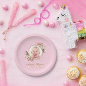 ピンクの女の子バプテスマ写真の蘭のフローラ幾何学的 ペーパープレート (パーティー)