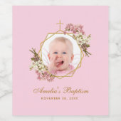 ピンクの女の子バプテスマ写真の蘭のフローラ幾何学的 ワインラベル (シングルラベル)