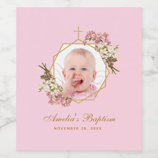 ピンクの女の子バプテスマ写真の蘭のフローラ幾何学的 ワインラベル (シングルラベル)