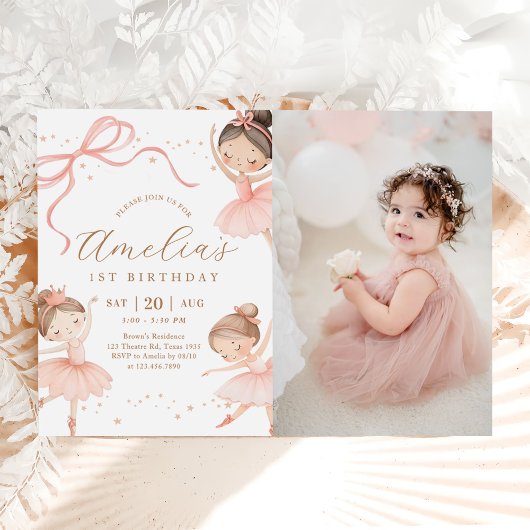 ピンクの女の子バレリーナ1歳の誕生日パーティーの写真 招待状